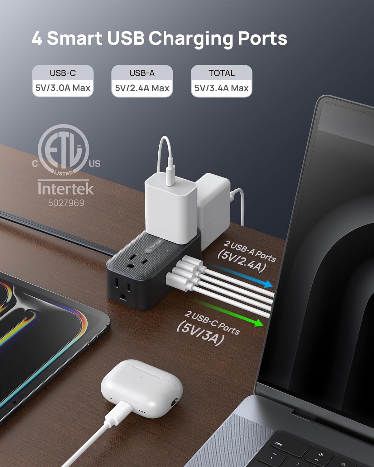 TROND 360° Rotating Flat Plug Power Strip, 10FT Extension Cord with 4 USB Ports, 4 Wide Spaced AC Outlets, Wall Mount, 900J Surge Protector for Office Travel Dorm Room Essentials, Black