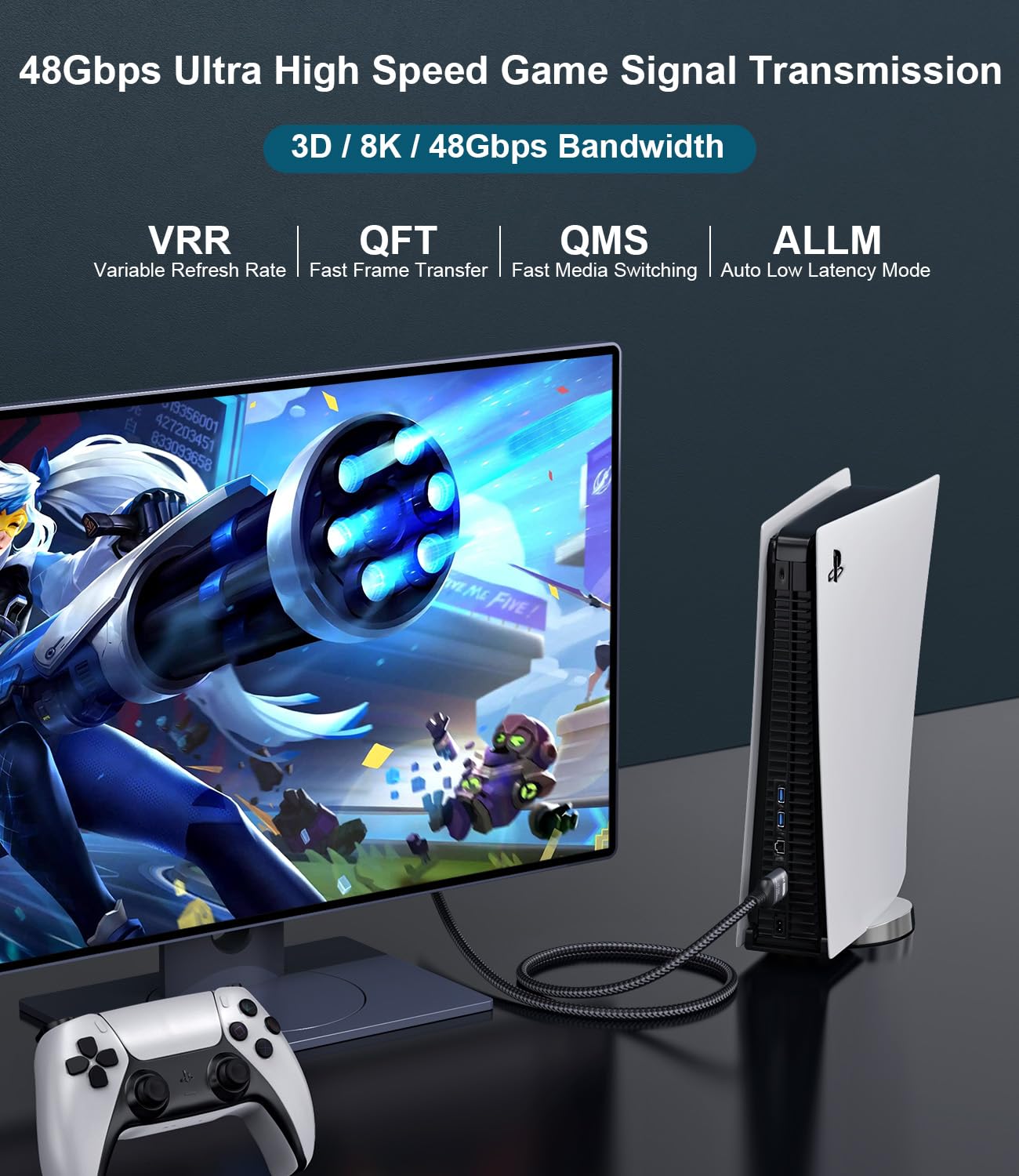 Certified 10K 8K HDMI 2.1 Cable 10 FT, 48Gbps Ultra High Speed HDMI Cable with Ethernet 4K 240Hz 165Hz 144Hz 120Hz 8K60Hz eARC HDCP2.3 HDR10+ PC Laptop TV Monitor Projector