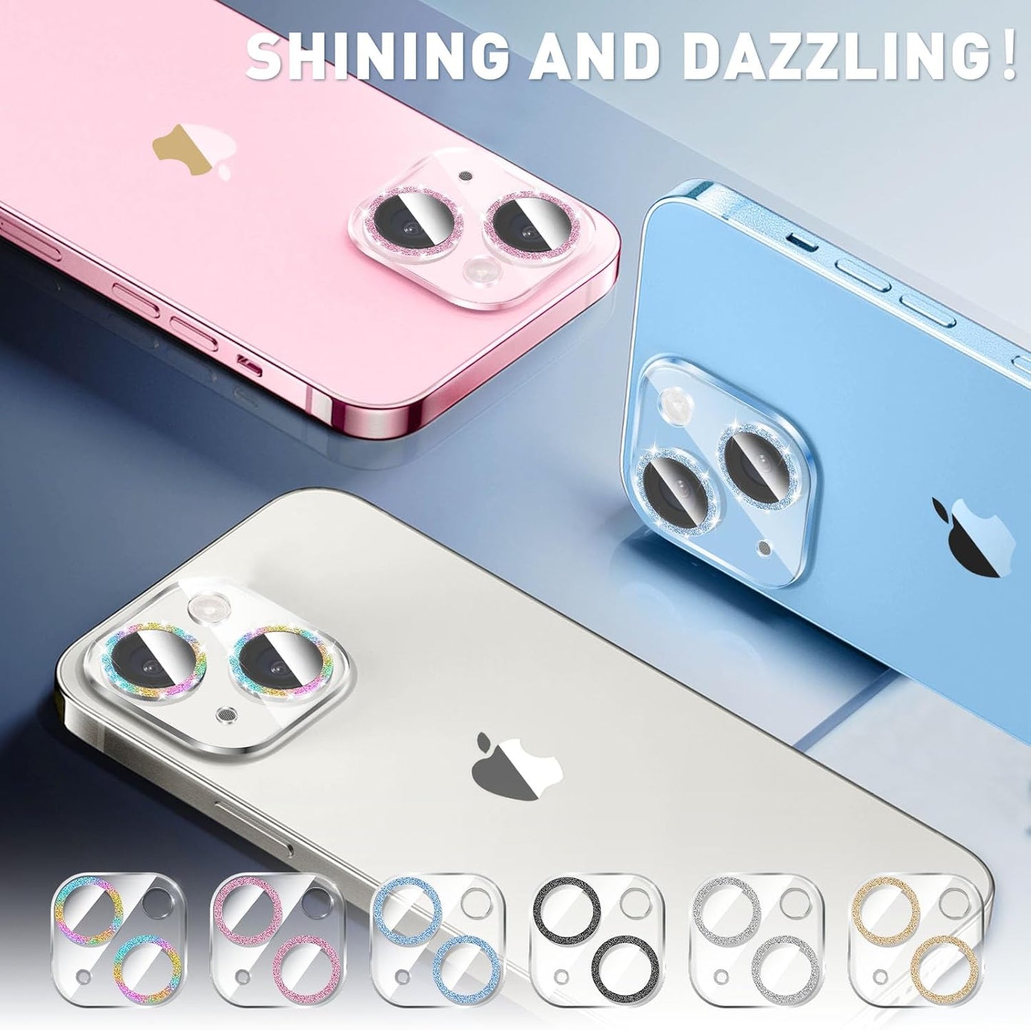 LucBuy 3PCS Sparkling Camera Lens Protector for iPhone 15/iPhone15 Plus, Full Clear Acrylic Cover with Shiny Colorful Glitter Designed Decoration Back Camera Protector