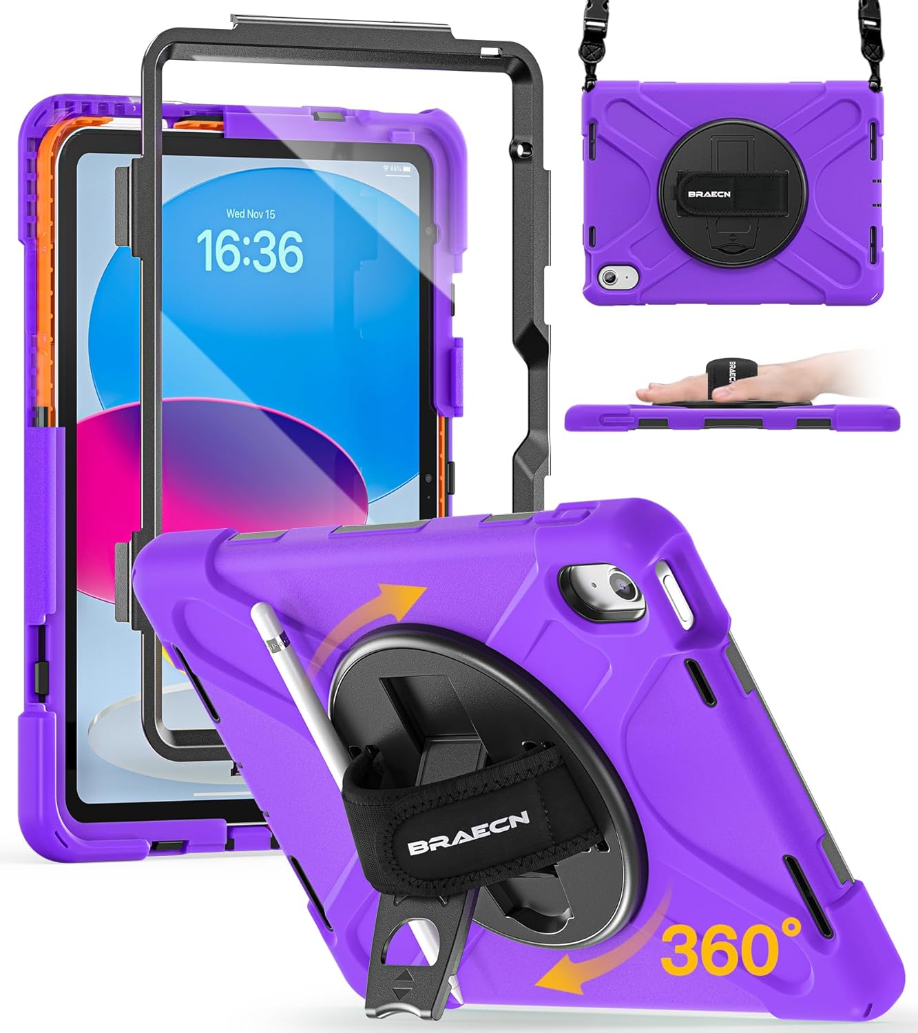 BRAECN for iPad (A16) 11th/10th Generation case 11/10.9 inch 2025/2022 Heavy Duty Shockproof Protective with Pencil Holder Screen Protector 360°Rotating Stand Handle & Shoulder Strap Full Body Cover