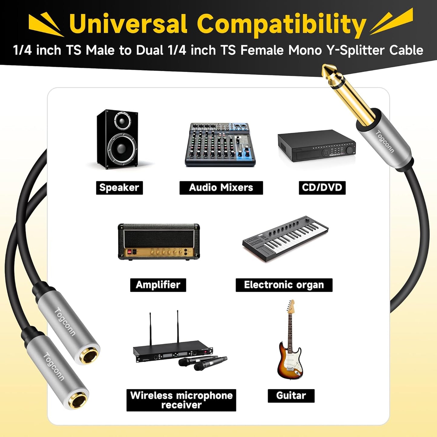 2-Pack 1/4 inch TS Mono Splitter Y Adapter, 6.35mm Mono Male to Dual 6.35 mm TS Mono Female Jack, Quarter inch Audio Speaker Splitter Converter Cable 1 Feet, Gold Plated Connectors