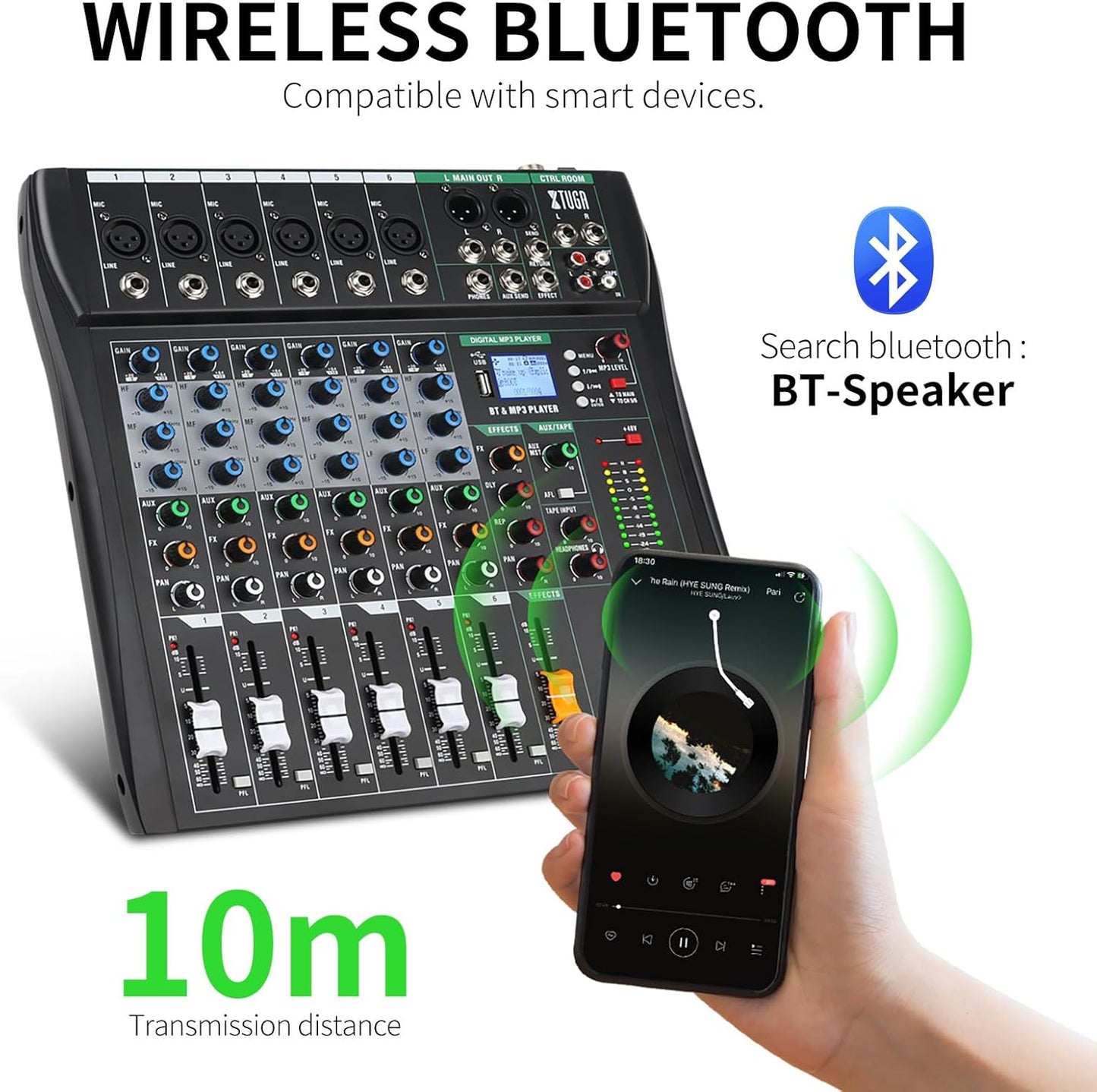 XTUGA 6 Channel Audio Mixer Sound Board Mixing Console, Audio Interface PC USB Bluetooth with 48V Phantom Digital Effect for DJ Live Recording Studio Karaoke(CT60)