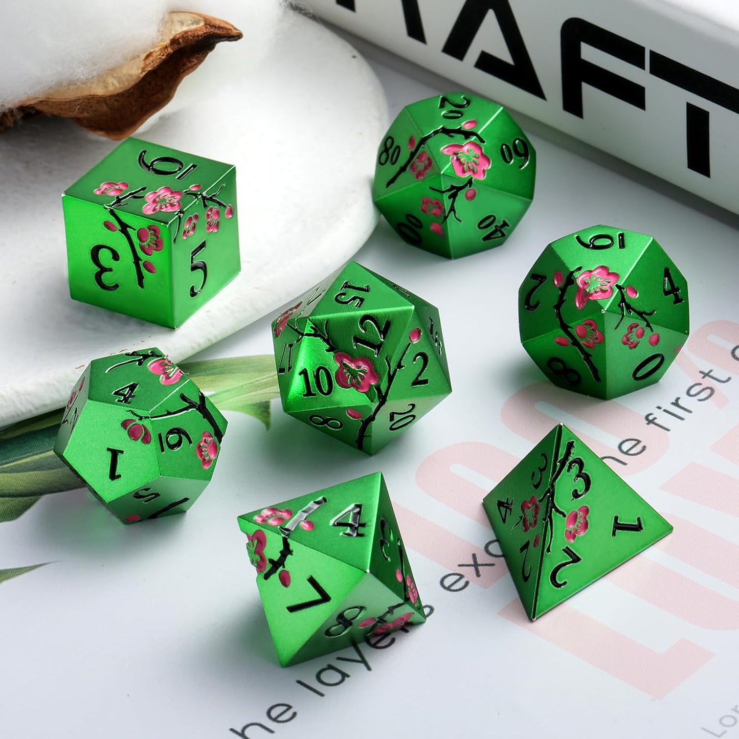 Matt Green Metal Dice Set, DNDND 7 PCS Heavy Metallic D&D Dice Set with Gorgeous Gift Case for Dungeons and Dragon Tabletop Game (Matte Green with Pink Flower)