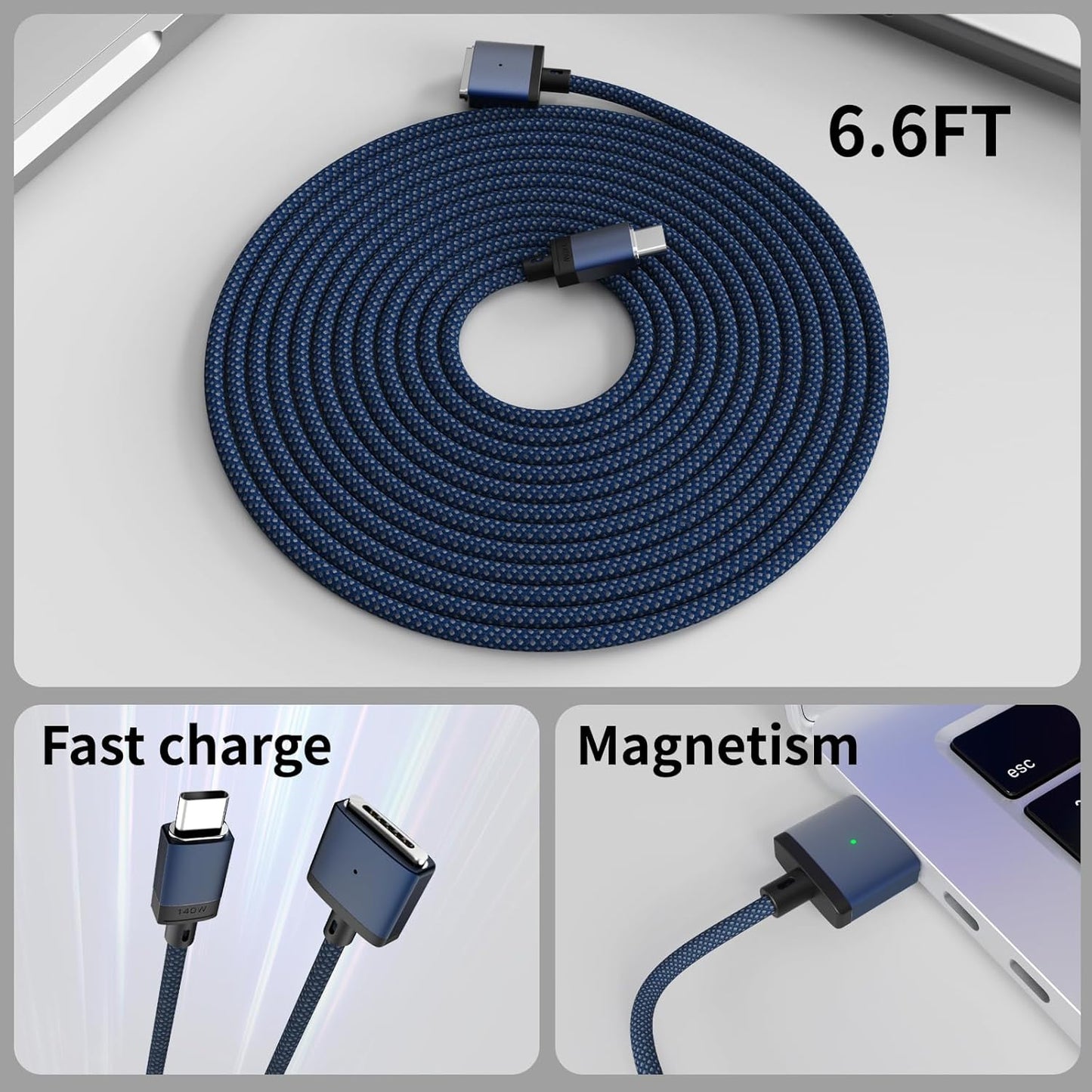 USB-C to Magnetic 3 Cable Compatible with Magsafe Charging Cable for M4 14” 16” MacBook Pro 2024 M3 Pro & Max, MacBook Air 2022 M2, Pro 2023 M2 Pro & Max - 6.6ft