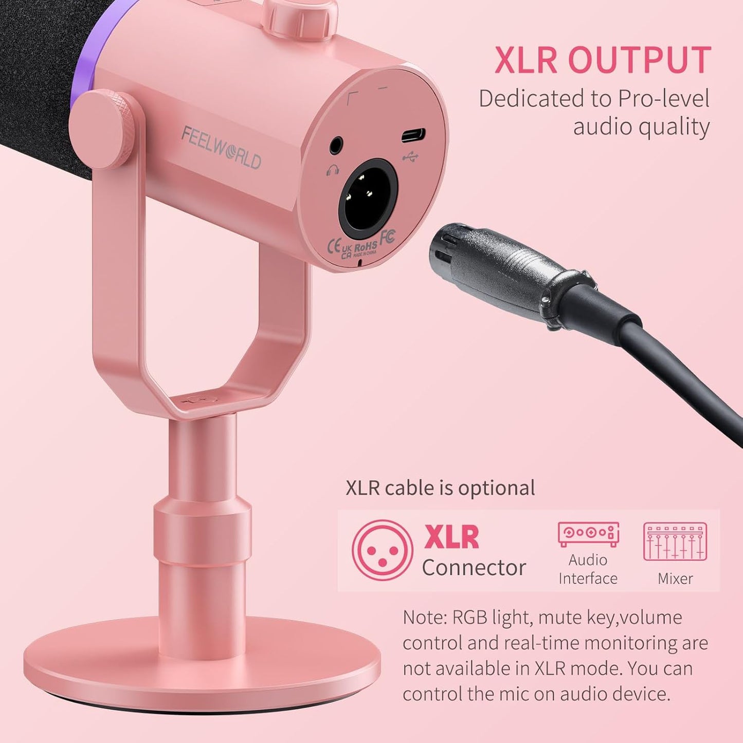 FEELWORLD PM1 XLR USB Dynamic Microphone with Desktop Stand Gifts for Podcast Recording PC Computer Gaming Streaming Vocal Voice-Over, Studio Metal Mic, RGB Light, Mute Button, Headphones Jack (Pink)