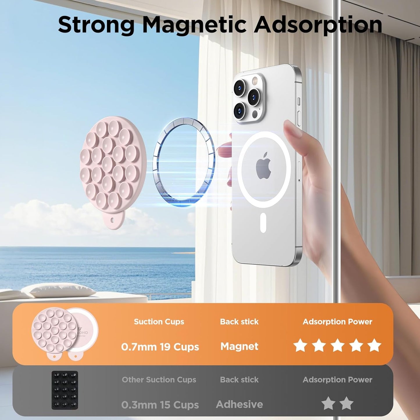 Magnetic Suction Cup Mount for MagSafe Case, Silicone Hands-Free Grip Holder for iPhone and Android, Mirror Shower Phone Stand for Makeup FaceTime Gym Kitchen Bathroom, Lovely Pink