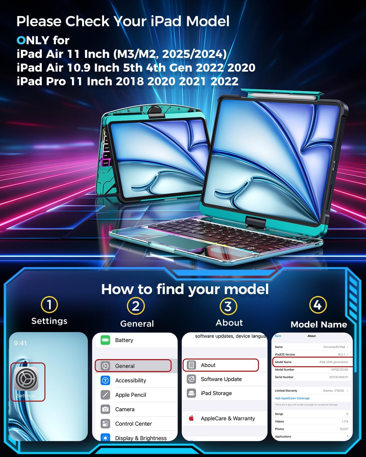 SIEBITU Clear Wireless Keyboard Case for iPad Air 11-inch (M3 2025/M2 2024) & iPad Pro 11-inch 4th 3rd 2nd 1st Gen, 7-Color Backlit with Multi-Touch Trackpad for 10.9" iPad Air 4th/5th Gen, Blue