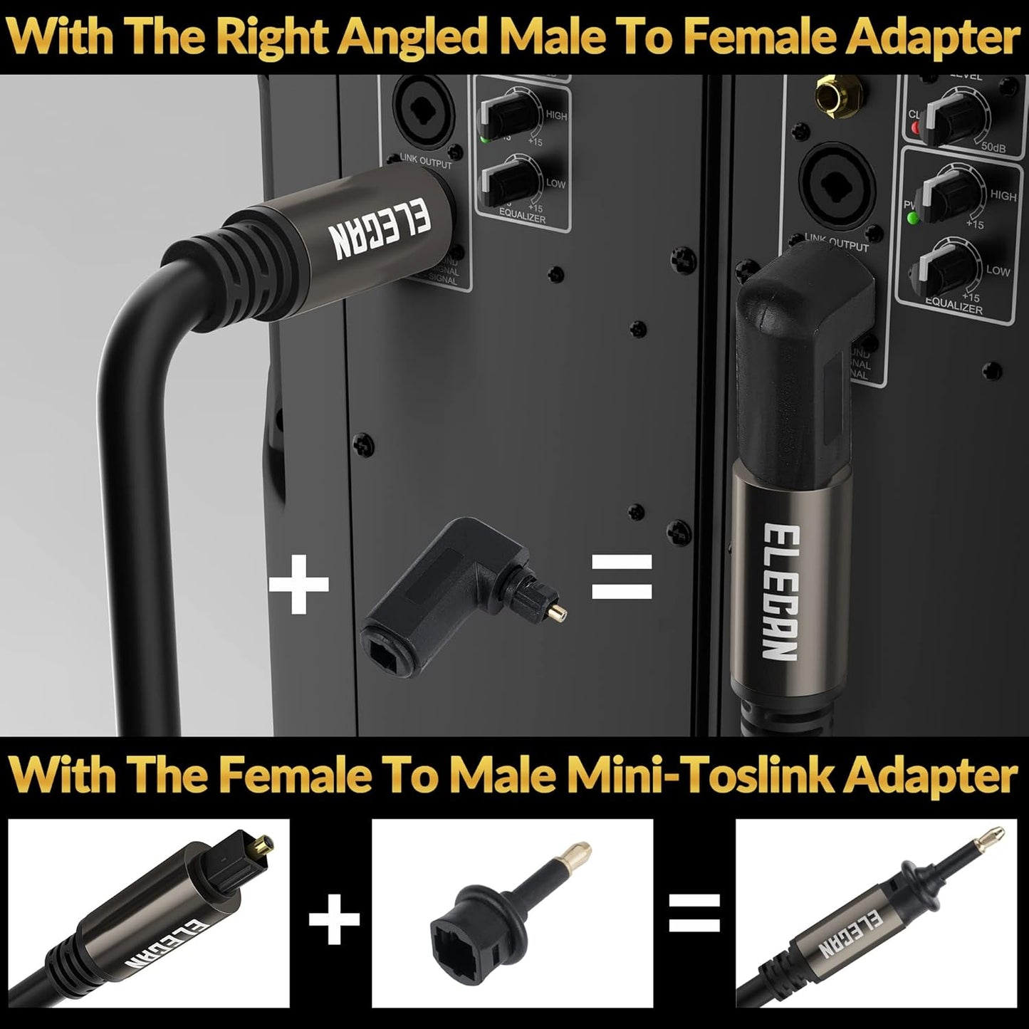 Elecan Optical Audio Cable 25 Ft Digital Audio Toslink Cable Cord-Fiber Optic-Gold Plated-Flexiable&Durable-for Home Theater,Sound Bar,PS4&Xbox-with 4 Right Angled and Mini Toslink Adapters+Ties