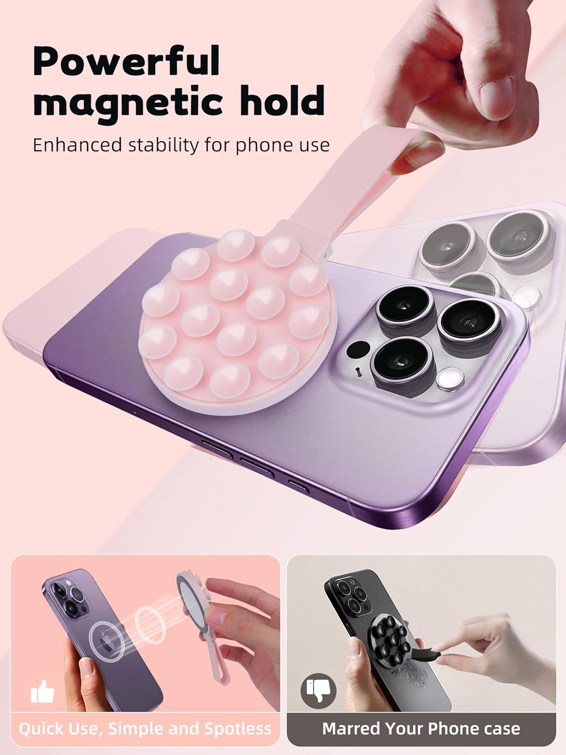 Magnetic Suction Phone Case Mount, Silicone Suction Cup Grip Stand for MagSafe Case, Hands-Free Phone Holder for iPhone 16/15/14 Pro Max, TikTok Videos, Selfies, Women Gift (Light Pink)911001A (Pink)