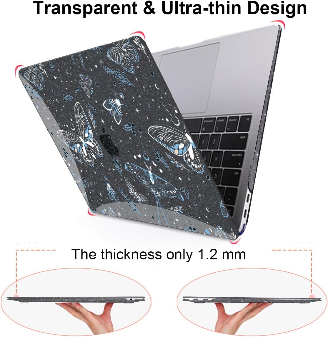 for MacBook Air 13 inch Case 2021 2020 2019 2018 Release M1 A2337 A2179 A1932, Glitter Black Pritned Pattern Hard Case Cover for Mac Air 13 M1 Retina Display with Touch ID, Butterfly Sky