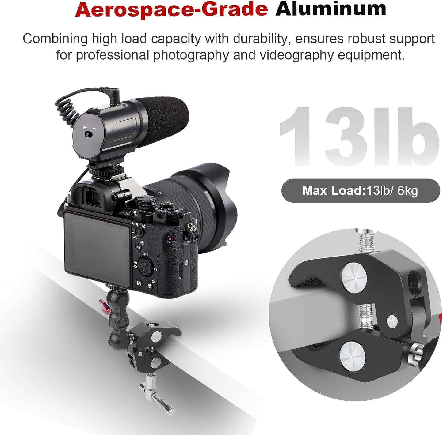 Camera Clamp Mount with Dual Ballhead Magic Arm, Aluminum Camera Mount Super Clamp Kit for DSLR Action Camera/Phone/Monitor/LED Light/Microphone, for Desk/Tripod/Tube/Crossbar (SY001)