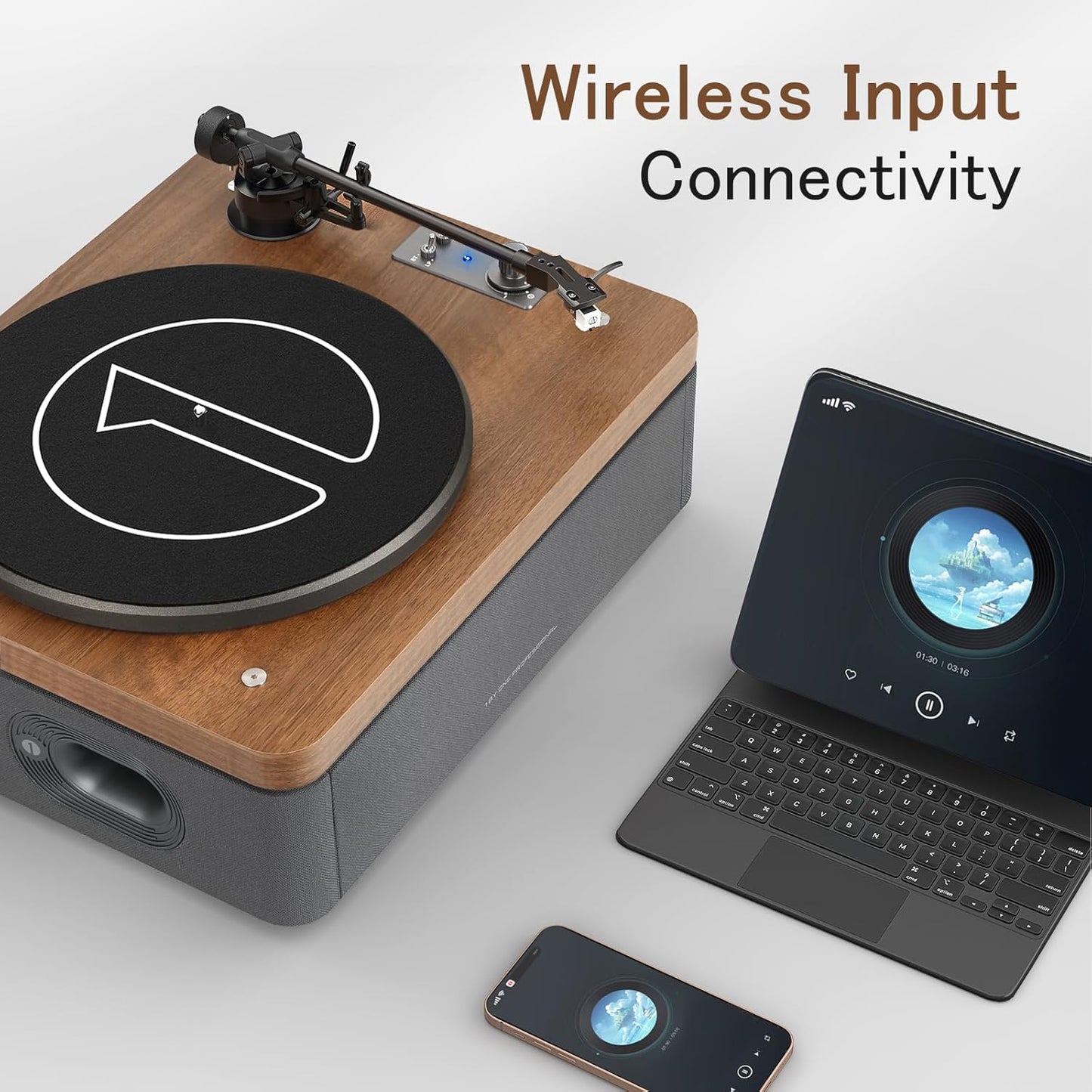 1 by ONE All-in-One Vinyl Record Player, HiFi Turntable Built-in Speakers, Phono Preamp, Magnetic Cartridge AT-3600L, Belt Drive 2 Speeds, Vintage Wood Design