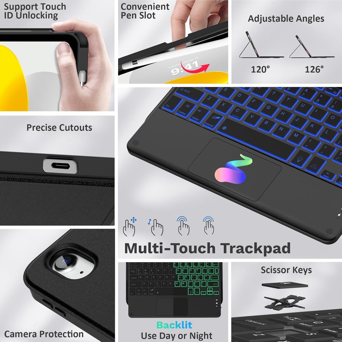 MoKo Touch Keyboard Case for iPad (A16) 11th Generation 11 inch 2025, iPad 10th Generation 10.9 inch Case with Pencil Holder, 7 Colors Backlit Multi-TrackPad Detachable Bluetooth Keyboard, Black