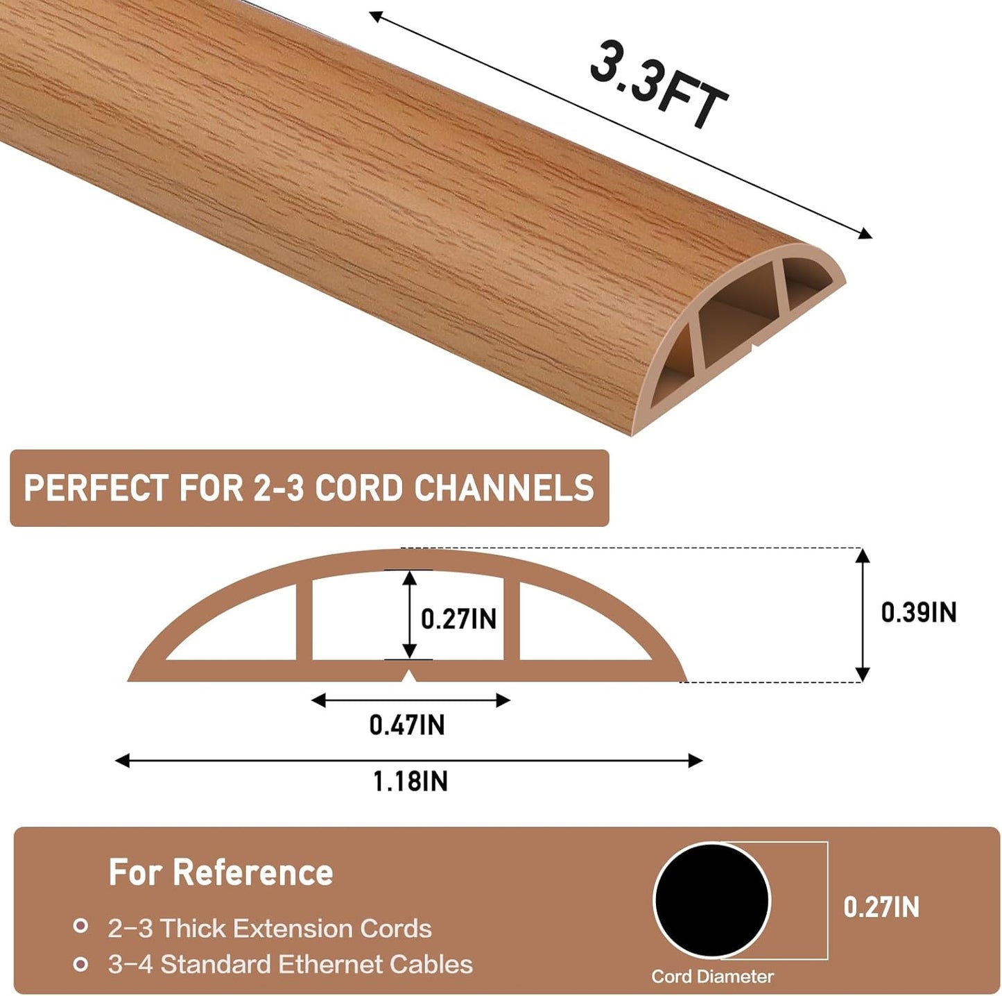 Floor Cord Cover Self Adhesive Cord Hider Floor Extension Cord Covers for Floor Power Cord Protector Cable Management Prevent Cable Trips Cable Cavity 0.47" W x 0.27" H (Light Brown Wood, 3.3Ft)