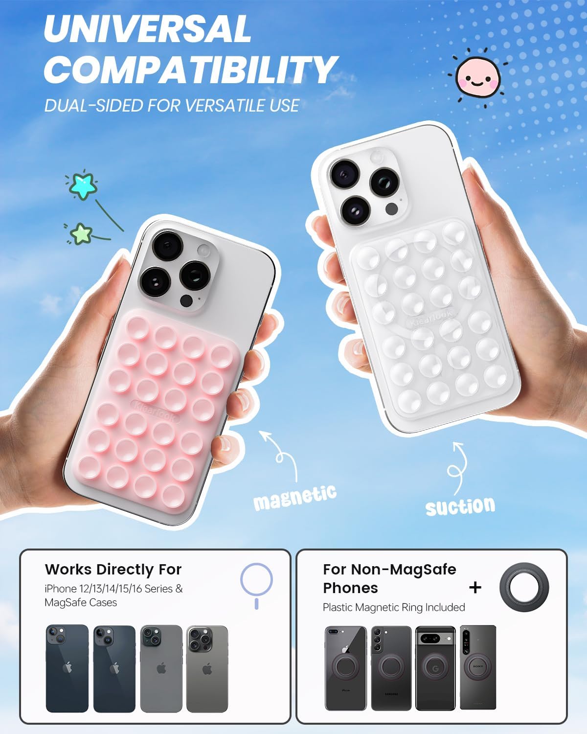 Klearlook 2Pack Magnetic Suction Phone Mount for MagSafe Case, Sticky Phone Grip Holder for iPhone, Removable Hands-Free Selfie/Video for TikTok Influencers, Women Girl Gift, Light Pink & Transparent