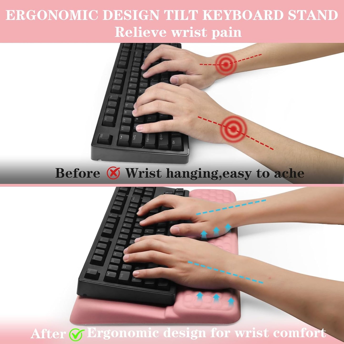 Computer Keyboard Stand Pad with Wrist Rest, Ergonomic Comfy Tilted Keyboard Stand Riser Holder Pad for Office Home (Pink)