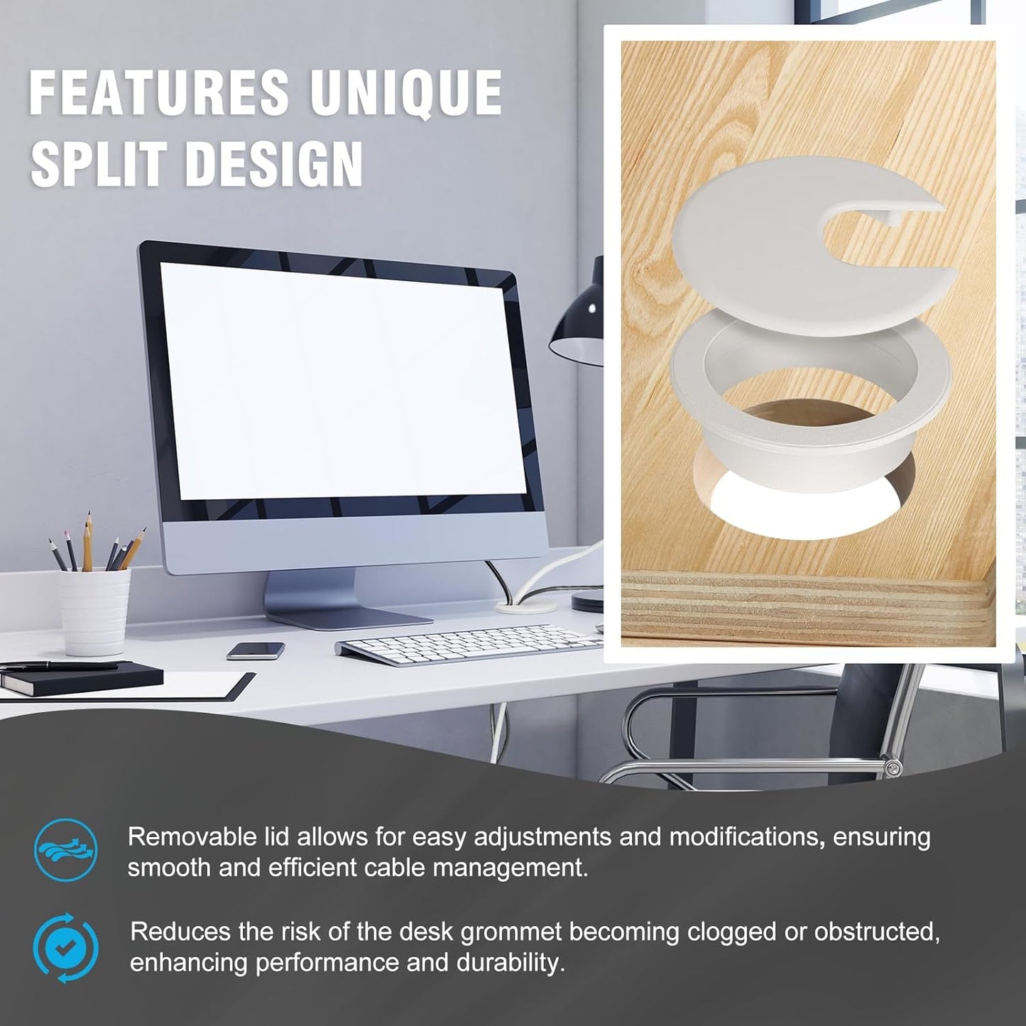 2" White Desk Grommet with Bi-Metal Hole Saw, JTemgle Plastic Cable Hole Cover Computer Table Cord Wire Organizer Caps, Desktop Cord Management for Home Office TV Stands Tabletops, 7 Pieces