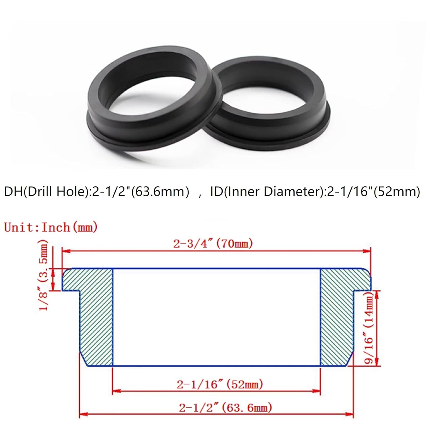2 pcs 2-1/2" Drill Hole，2-1/16" ID Black Silicone Top hat Rubber Grommets for Wiring，Automotive，Firewall，Hole Plug，Desk，Screw，Water and Gas Pipe，Drain，House Siding，Cable Bushing，Glass，Wire Plug