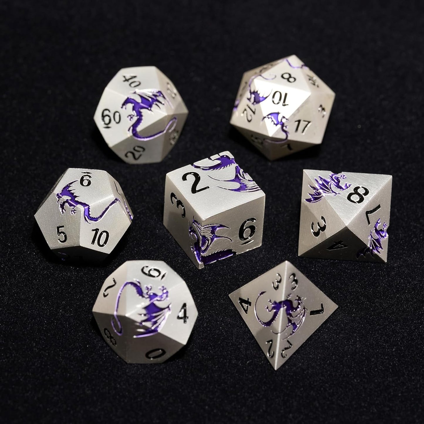 Purple Dragon Metal Dice HNCCESG 7 Piece Heavy Metallic D&D Dice Set with Dungeons and Dragon Gift Dice Box for TTRPG Tabletop Game (Matte Silver Purple)