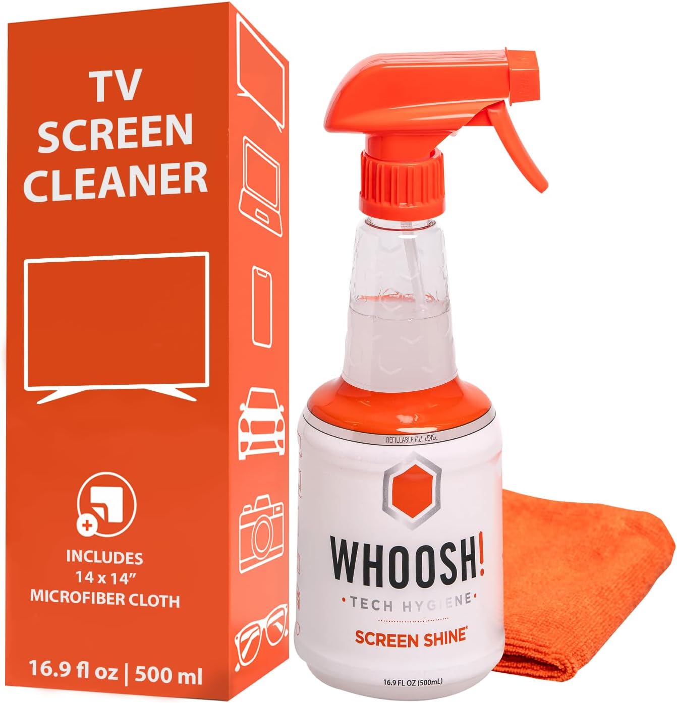 WHOOSH! Screen Shine Pro 16.9 fl oz Refillable TV Screen Cleaner with Microfiber Cloth - Streak-Free Cleaner for Flat Screen, OLED TV, LCD, Smart TV, and Monitors - Non-Toxic and Odorless Formula
