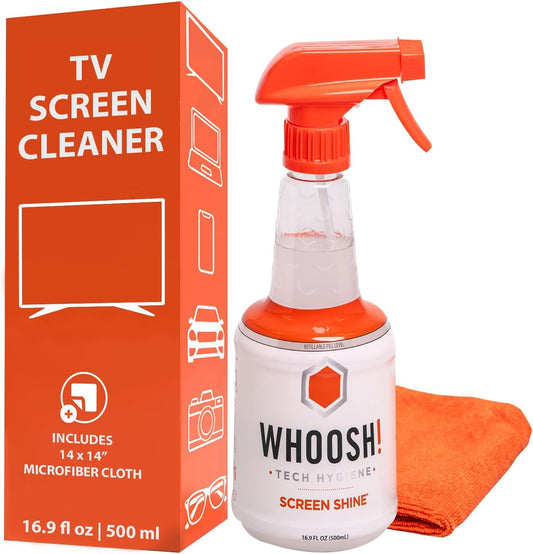 WHOOSH! Screen Shine Pro 16.9 fl oz Refillable TV Screen Cleaner with Microfiber Cloth - Streak-Free Cleaner for Flat Screen, OLED TV, LCD, Smart TV, and Monitors - Non-Toxic and Odorless Formula