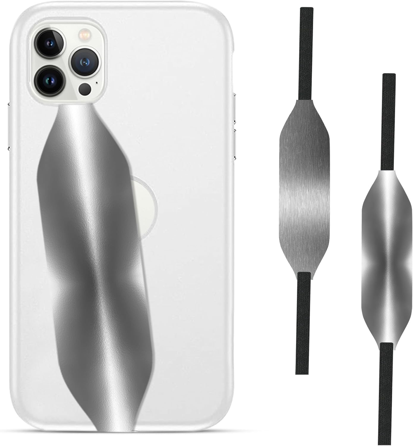 Phone Grip Strap - Pack of 2 Reversible Finger Holder for Phone Back, Customizable Anti-Slip Design, Wireless Charging Compatible Detachable Holder for iPhone - Metallic Silver