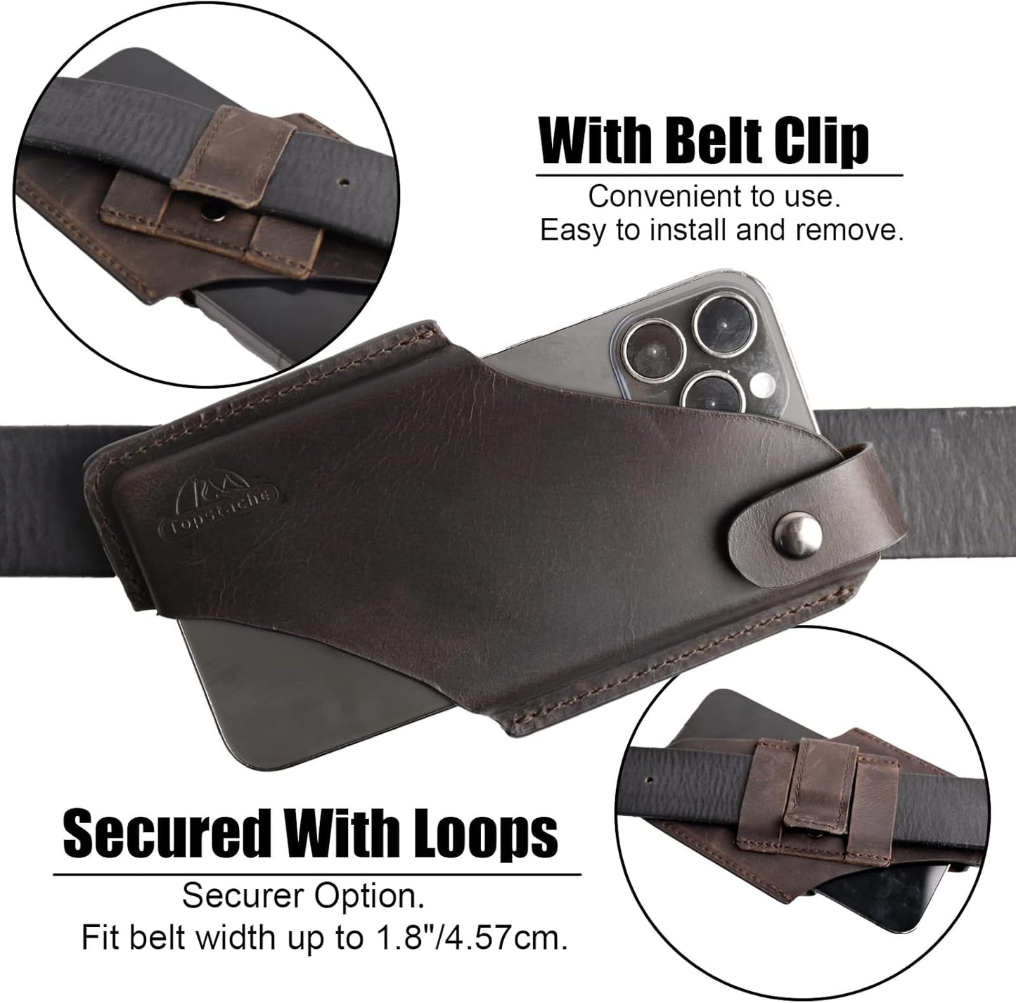 Topstache Leather Phone Holster - Magnetic Clip Case for iPhone & Samsung, Dark Brown