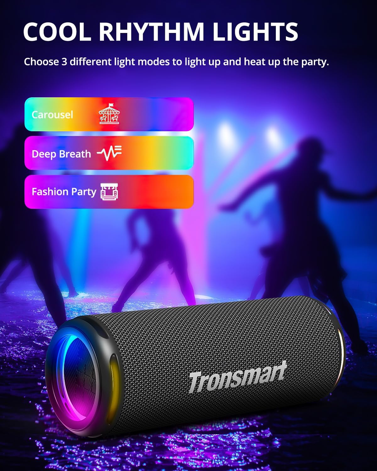 Tronsmart T7 Lite 24W Portable Bluetooth Speaker, Enhanced Bass, Rainbow Light Show, 24H Playtime, IPX7 Waterproof, Wireless Stereo Pairing, Bluetooth 5.3, for Home Outdoor Travel (Black)