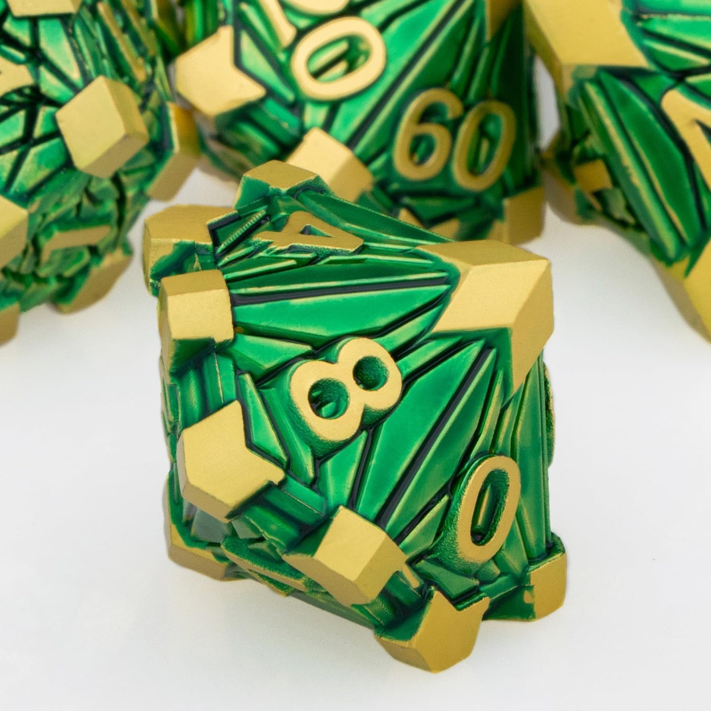 Metal DND Dice Set with Box, Debris RPG Green Golden D and D Dice for use with D&D Tabletop Games Role Playing Game Polyhedral Dice Set D20 D12 D10 D8 D6 D4