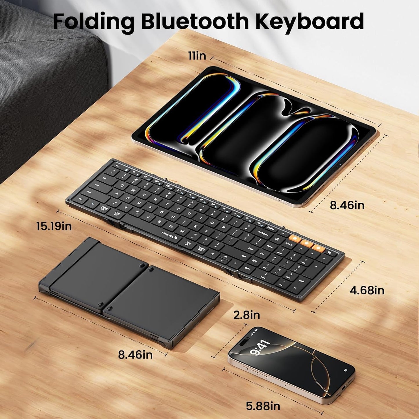ProtoArc Foldable Bluetooth Keyboard, XK01 Folding Wireless Portable Keyboard with Numeric Keypad, Full-Size Travel Keyboards for iPad Tablet Smartphone Laptop PC Windows iOS Android, Black