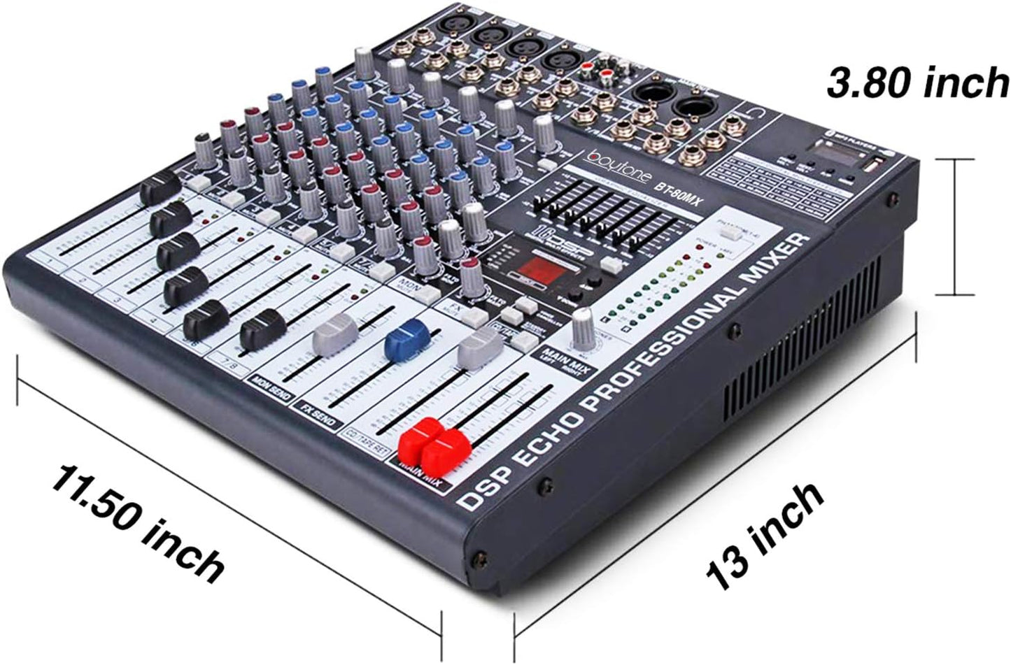 Boytone Dj Mixers 8 Channel Audio Mixer Sound Board with Bluetooth, USB MP3 Port Player with 48V Phantom Power Sounds Mixer with 16 Bit FX Effect, BT-80MX