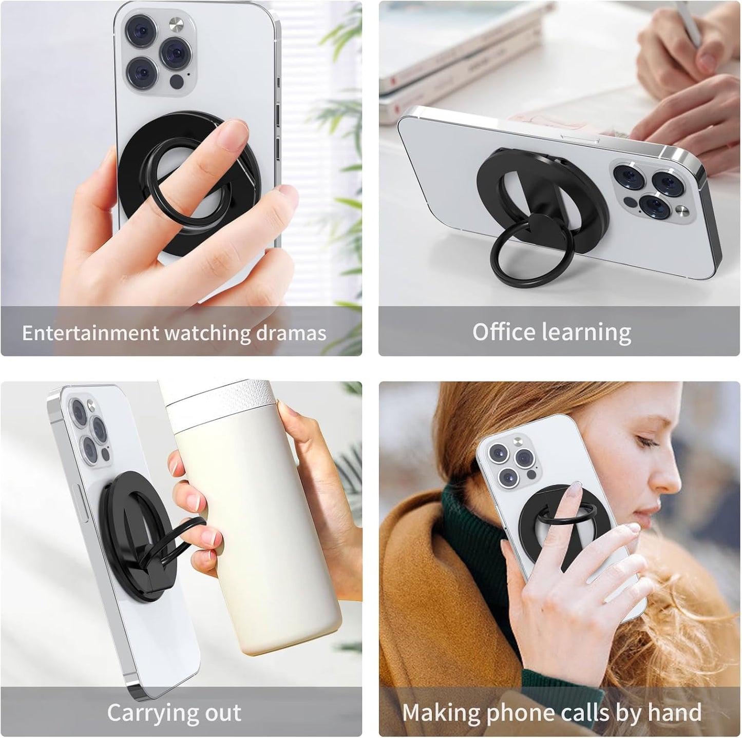 RESPECTED BRO-Magnetic-Phone-Ring-Holder with Dual Rings, Compatible with iPhone 16/15/14/13/12, Multifunctional Stand for Desk,Office,Gym,Kitchen & All Metal Surfaces, Finger Loop Grip (Black)