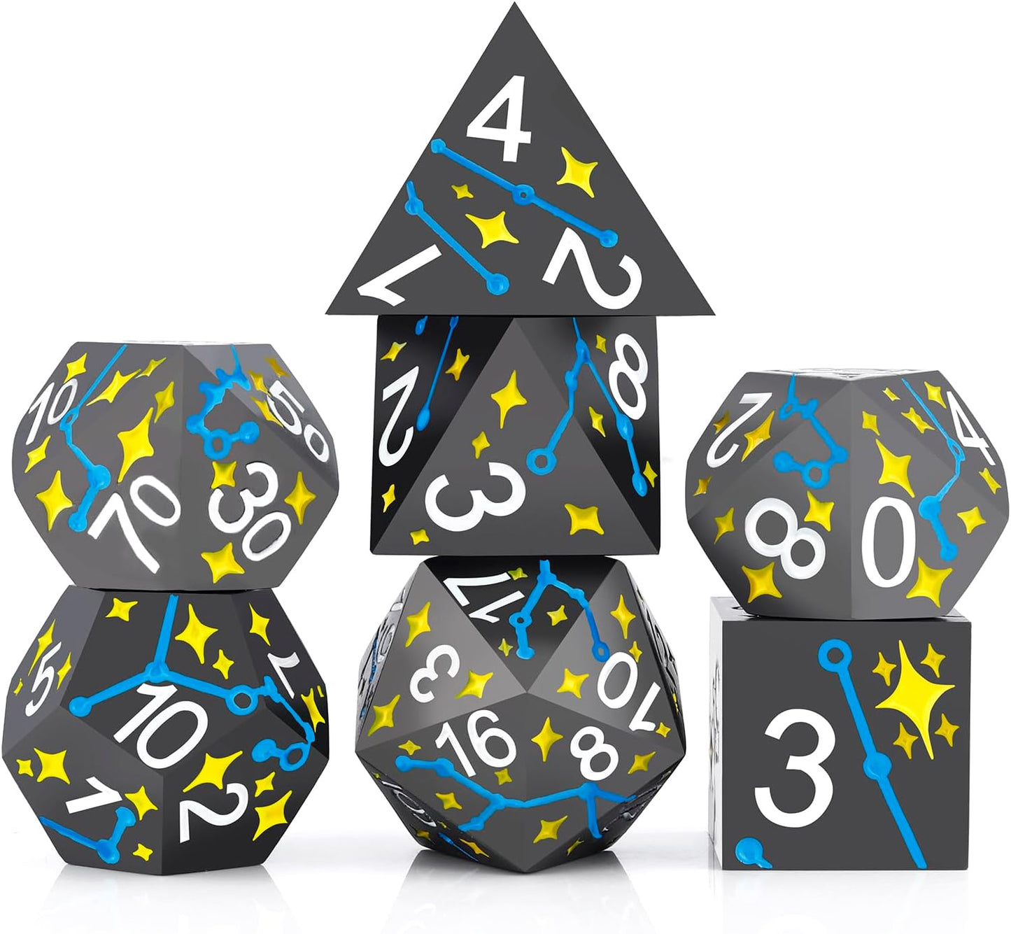 PJOY Metal Dice Set D&D Star DND Dice Set Polyhedral Dice for RPG Role Playing Games Dungeons and Dragons TTRPG Black Yellow Blue DND Dice for DND Gamers