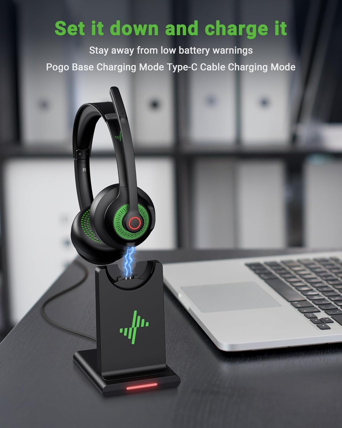 Wireless Headset with AI Noise Cancelling Microphone Bluetooth Headset - Bluetooth V5.2 Headphones with USB Dongle, Charging Base & Mic Mute for Computer/Laptop/PC/iPhone/Android/Cell Phones-Green