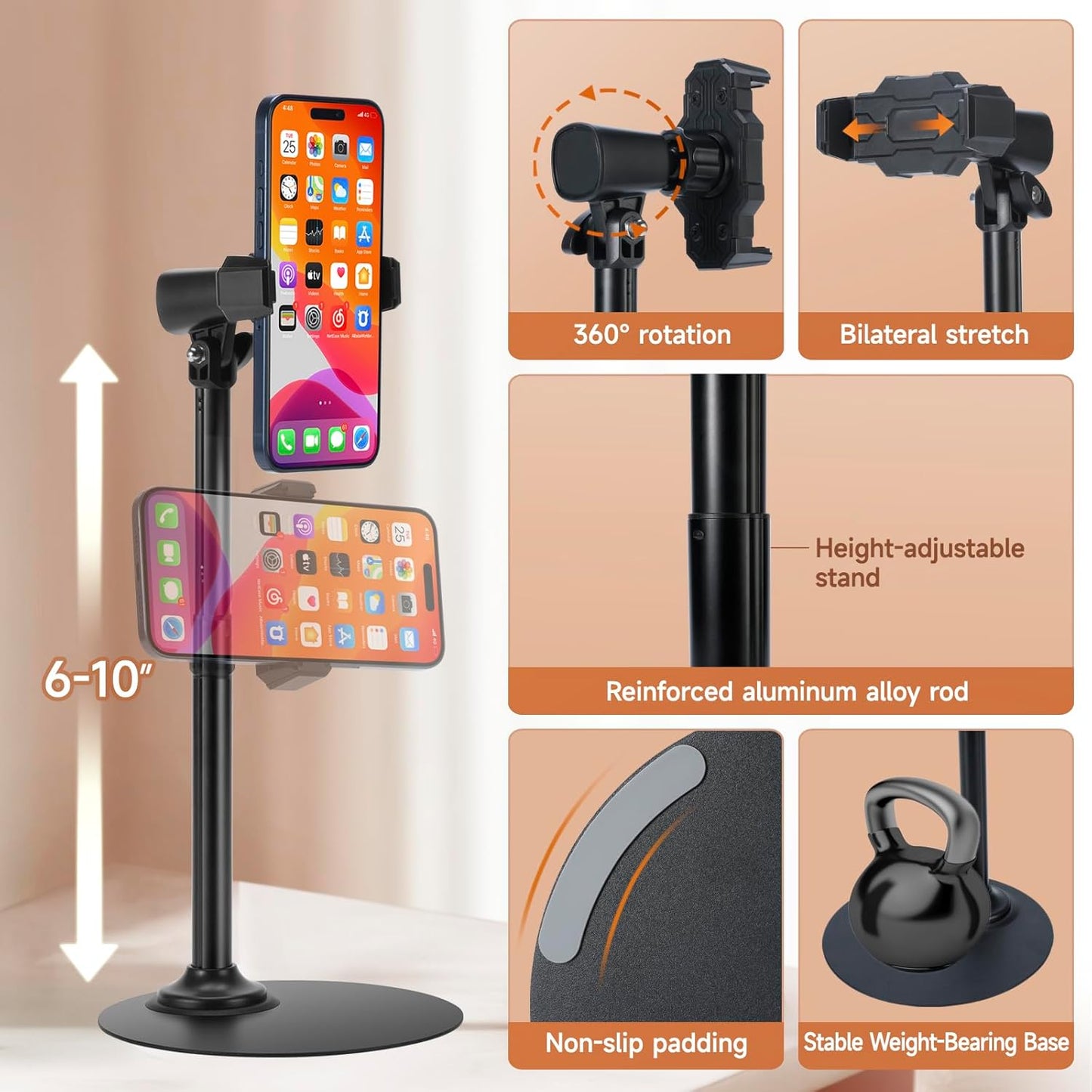Adjustable Phone Stand for Desk with Clip Mount Live Streaming: 360° Rotatable Overhead Shot Holder with Sturdy Metal Base, Compatible with TikTok, YouTube, Zoom Video Recording (Black)