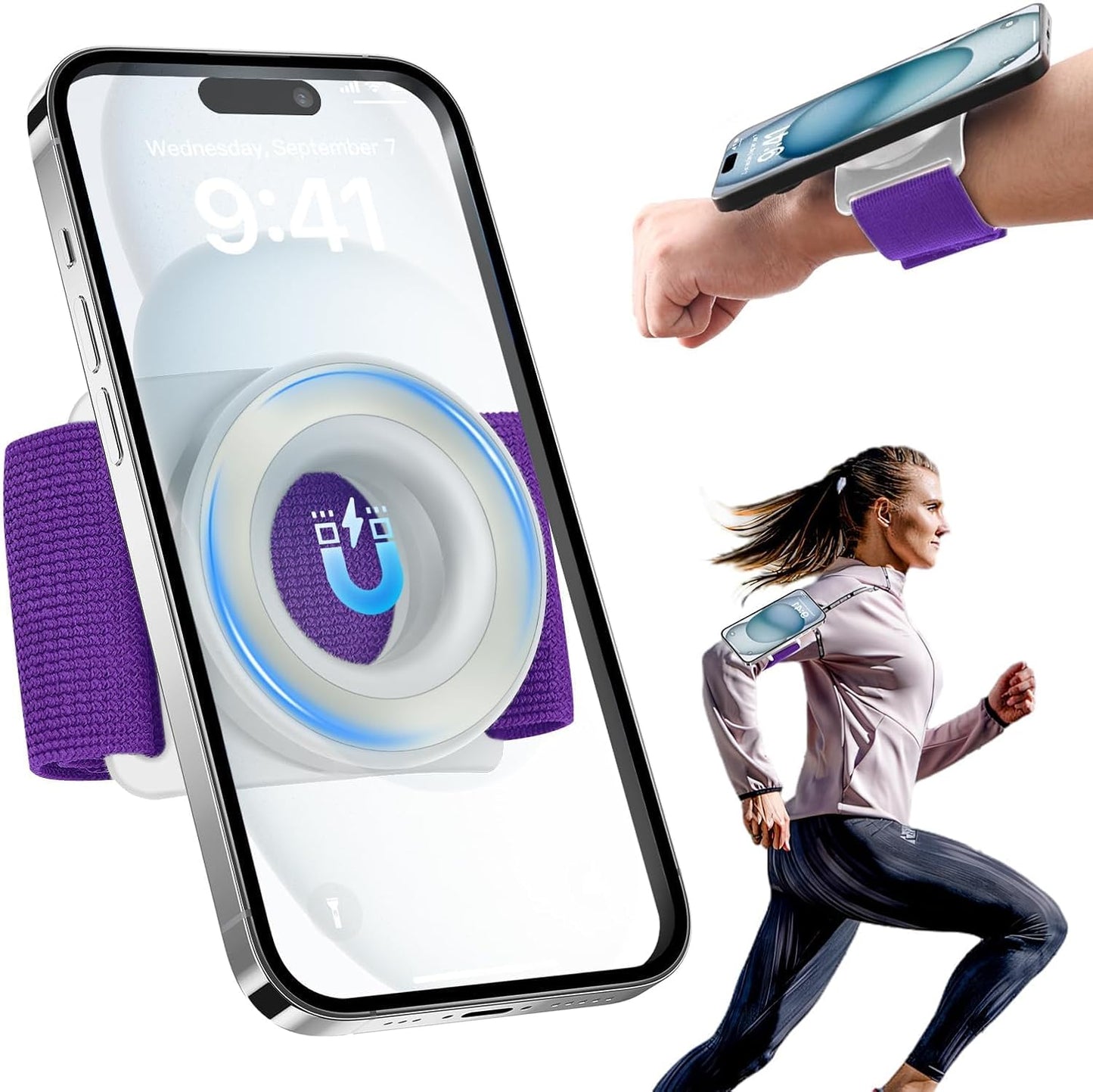 TOPGO Running Phone Holder for iPhone [360° Rotatable & Upgrade Anti-Drop] Magnetic Wrist Phone Holder, Magsafe Armband Compatible with iPhone 16 Pro and Android - Purple