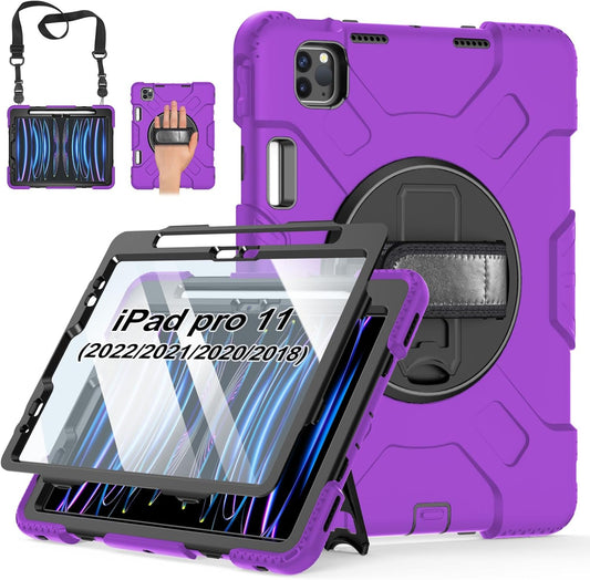 Case for iPad Pro 11 Inch 2022/2021/ 2020/2018: Silicone Cover for iPad 11 Inch 4th/ 3rd/ 2nd/ 1st/ Generation with Screen Protector- Stand- Handle- Shoulder Strap- Pencil Holder- Purple