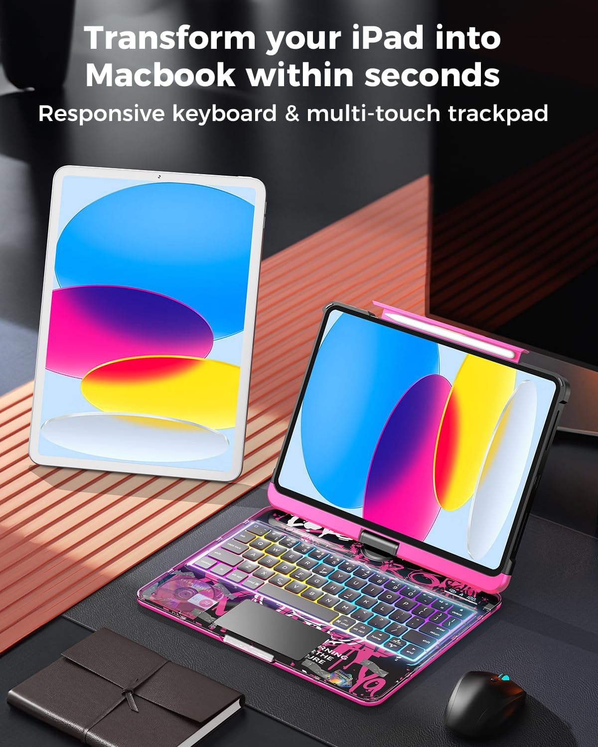 SIBEITU Keyboard Case for iPad A16 11th Gen 11" 2025 & 10th Gen 10.9" 2022, Clear Wireless Keyboard Protective Cover with Multi-Touch Trackpad, 7-Color Backlight & 3-Brightness, 360 Rotatable, Pink