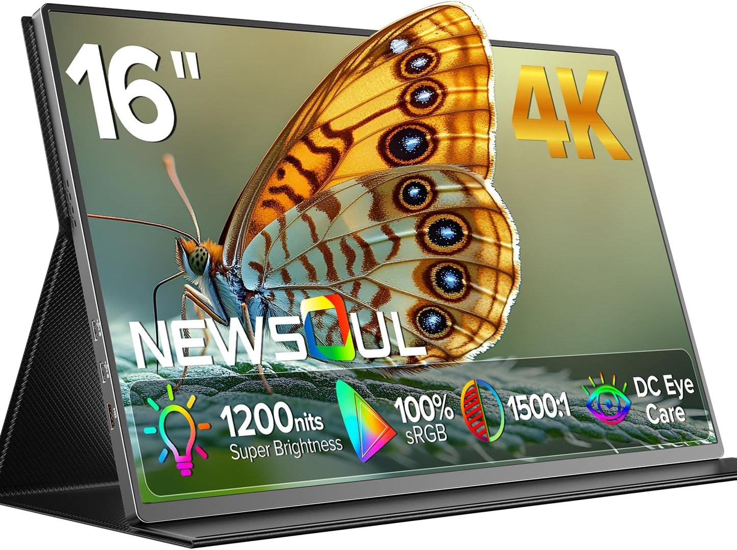 Newsoul 4K Portable Monitor, 3840 * 2400 UHD 16" Gaming Monitor 1200Nits 1500:1 100% sRGB IPS FreeSync Laptop Monitor with VESA & Cover Built-in USB-C HDMI Portable Screen for Phone Game Console