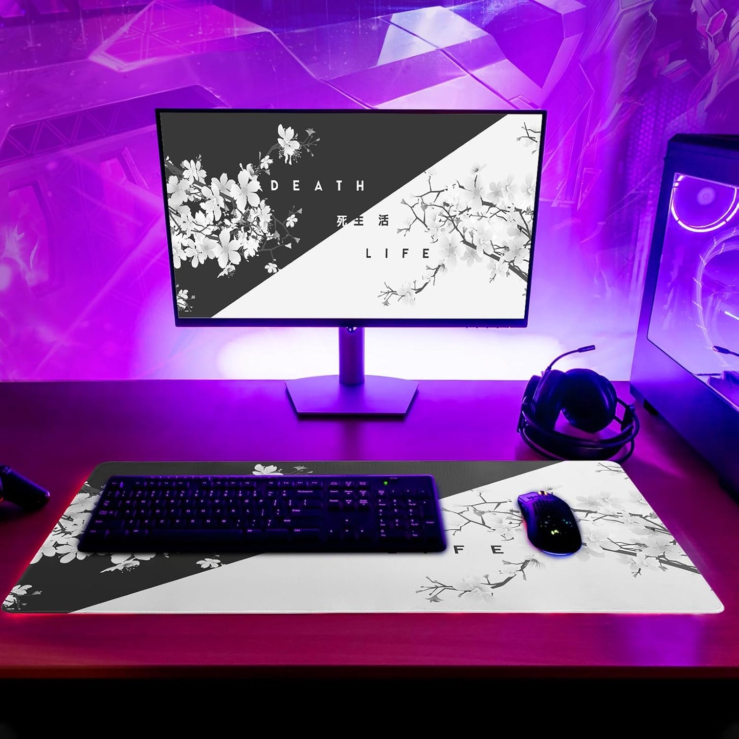 Black and White Mouse Pad 31.5 X 11.8 Inch Japanese Cherry Blossom Extended Large Mouse Mat Non-Slip Rubber Mousepad Stitched Edges Keyboard Mouse Mat Desk Pad for Office Home Game