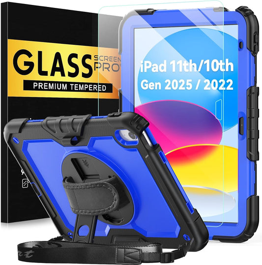 BLOSOMEET Case for iPad A16 11th/10th Generation 11''/10.9'' 2025/2022 with Tempered Glass Screen Protector & Pencil Holder, Rugged Military Grade Cover w/Stand Hand Shoulder Strap, Blue