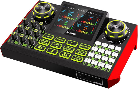 Audio mixer, suitable for live streaming, singing, and gaming on computer/phone; soundboard for 3.5mm condenser microphone; podcast mixer with live sound card, noise reduction, and one-touch mute