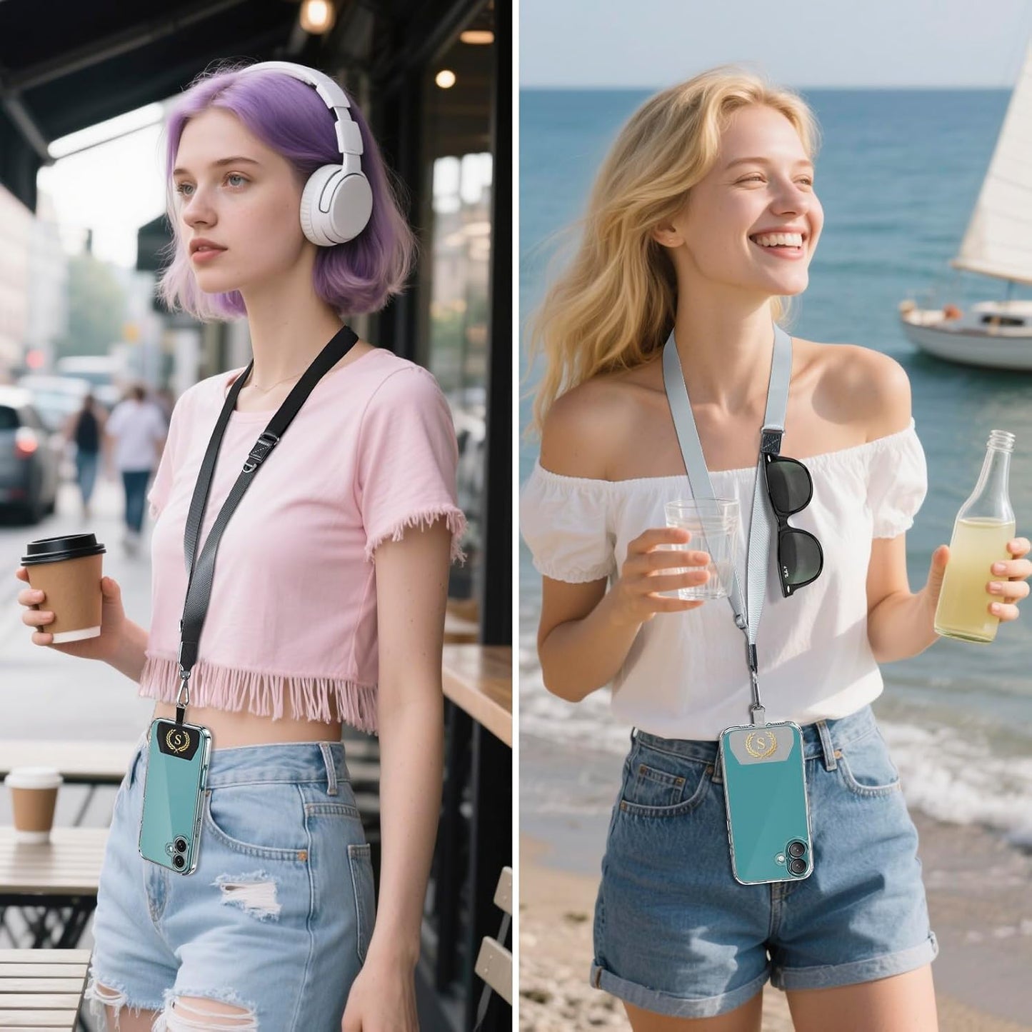 Phone Lanyard 2 Pack, Adjustable Cell Phone Multifuctional Patch Lanyards,Compatible with Most Smartphones and Wallets Keys ID Badges Travel Essentials(Black+Gray) (Lanyard Letter Sign S)