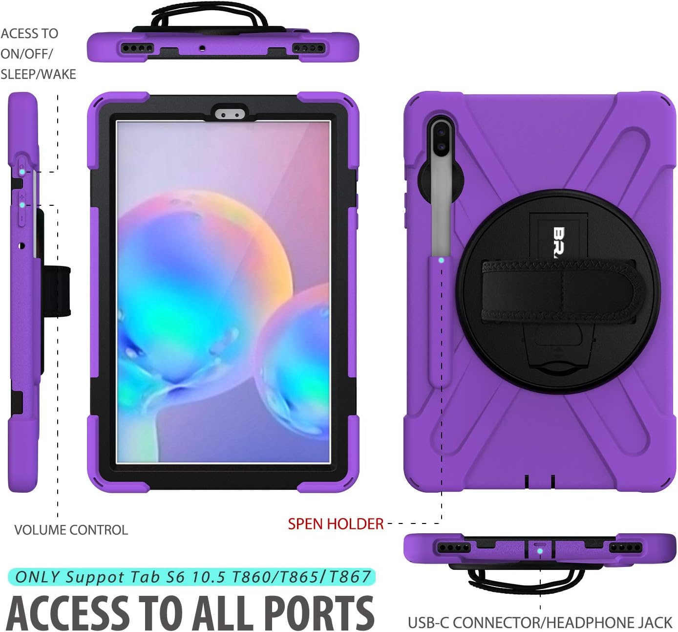 BRAECN Case for Galaxy Tab S6 10.5 2019,Hybrid Heavy Duty Shockproof Case with [Pen Holder][Handle Grip Strap][Rotating Stand][Shoulder Strap]for Galaxy Tab S6 10.5 inch SM-T860/T865/T867 2019-Purple