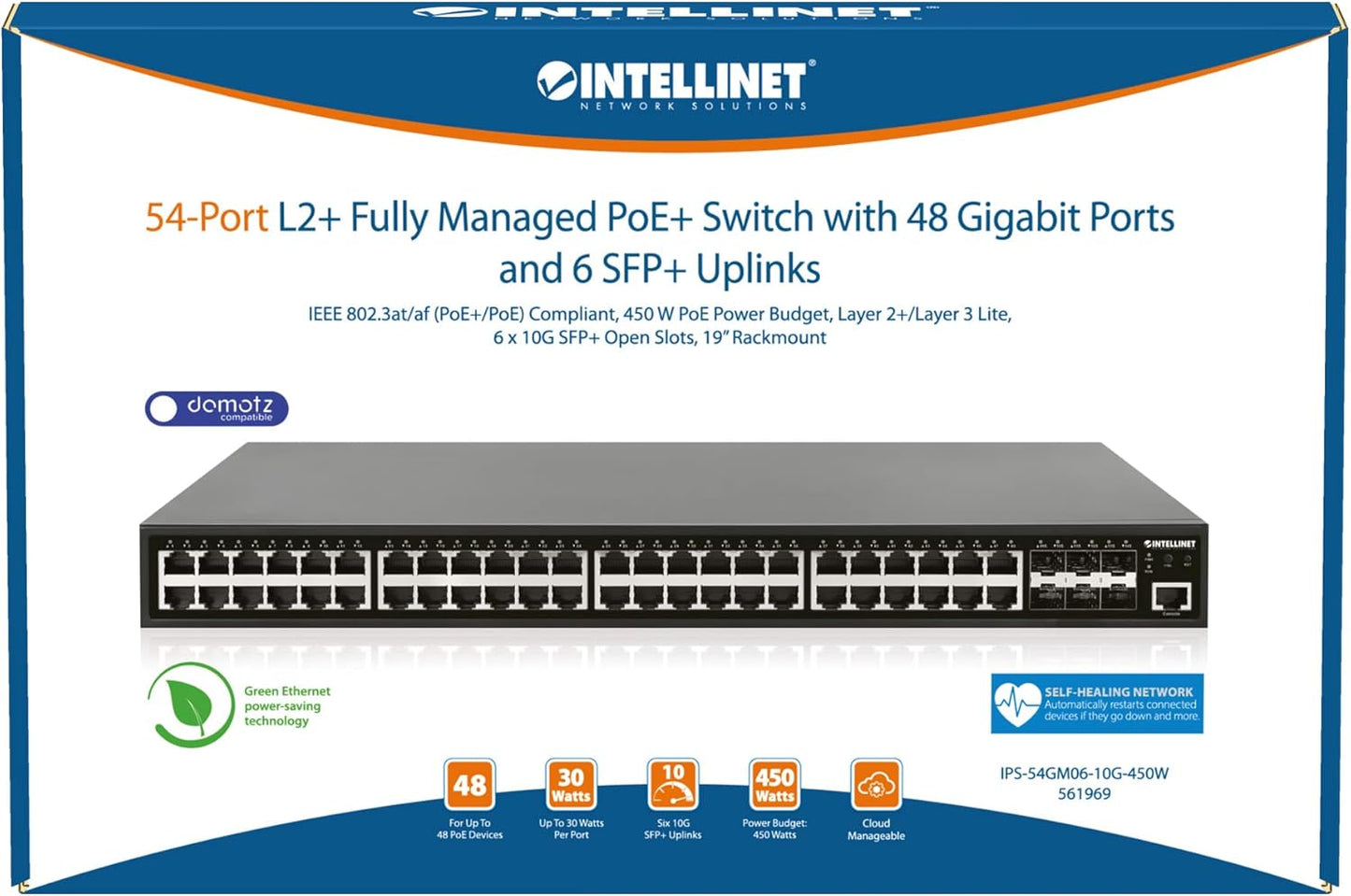 Intellinet 54 Port Gigabit L2+ Managed Ethernet PoE Switch - 48 PoE+ Ports with 450W Power Budget, 6 SFP+ Slots, Self-Healing, L3-lite, Cloud Management, 19" Rackmount –3 Yr Mfg Warranty-561969