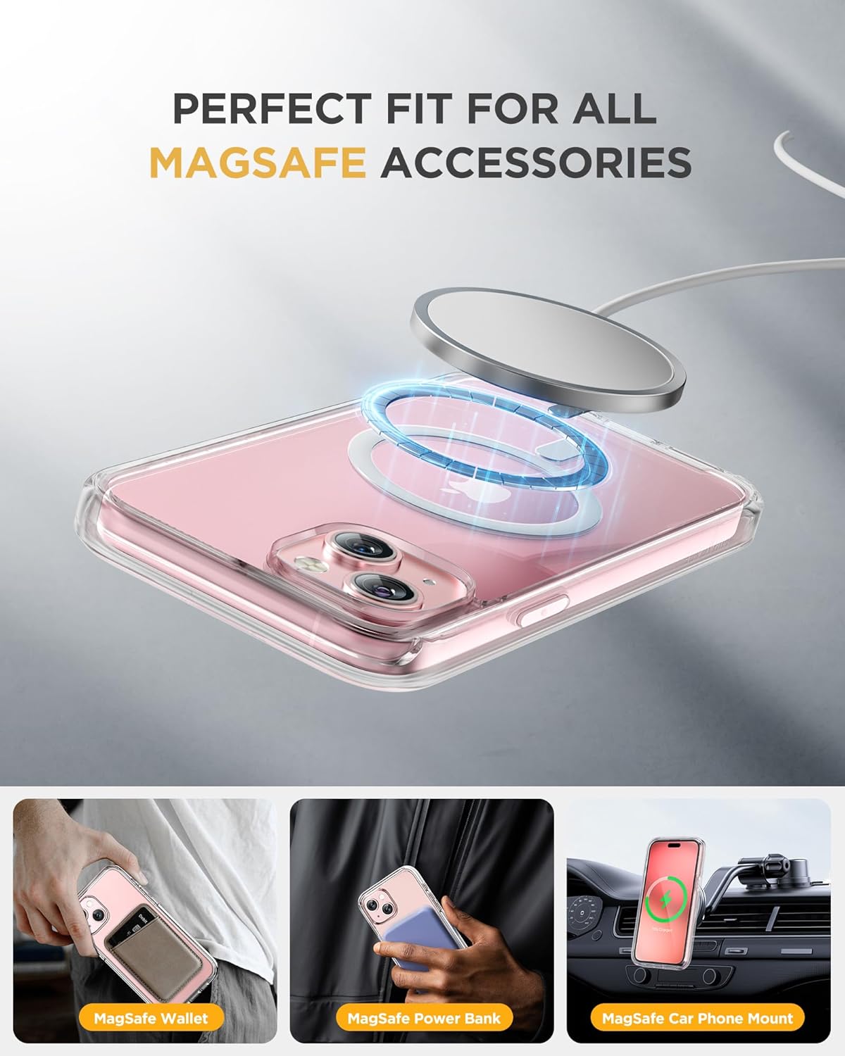 Miracase Glass Series for iPhone 15 Case [Compatible with MagSafe] Full-Body Magnetic Case with Built-in 9H Tempered Glass Anti-Fingerprint Screen Protector + Camera Lens Protector, Clear
