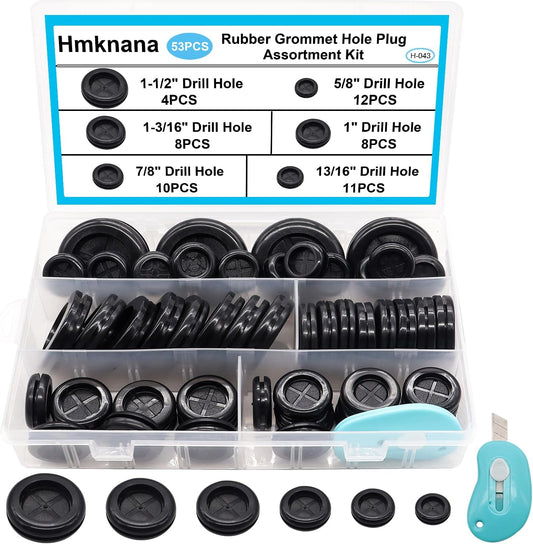 53PCS Rubber Grommets for Wiring, Rubber Grommet Kit in 6 Assorted Drill Hole Sizes 5/8" 13/16" 7/8" 1" 1-3/16" 1-1/2", Two-Sided Rubber Hole Plug for Protecting Wires