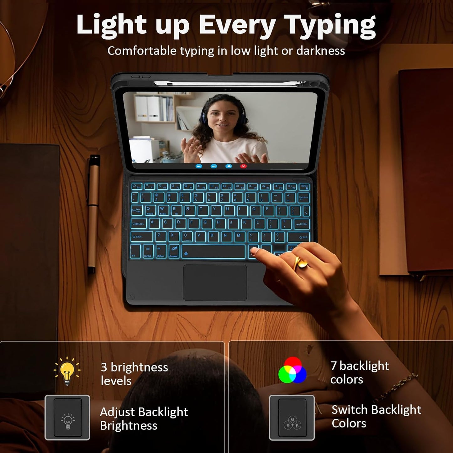 MoKo Touch Keyboard Case for iPad (A16) 11th Generation 11 inch 2025, iPad 10th Generation 10.9 inch Case with Pencil Holder, 7 Colors Backlit Multi-TrackPad Detachable Bluetooth Keyboard, Black