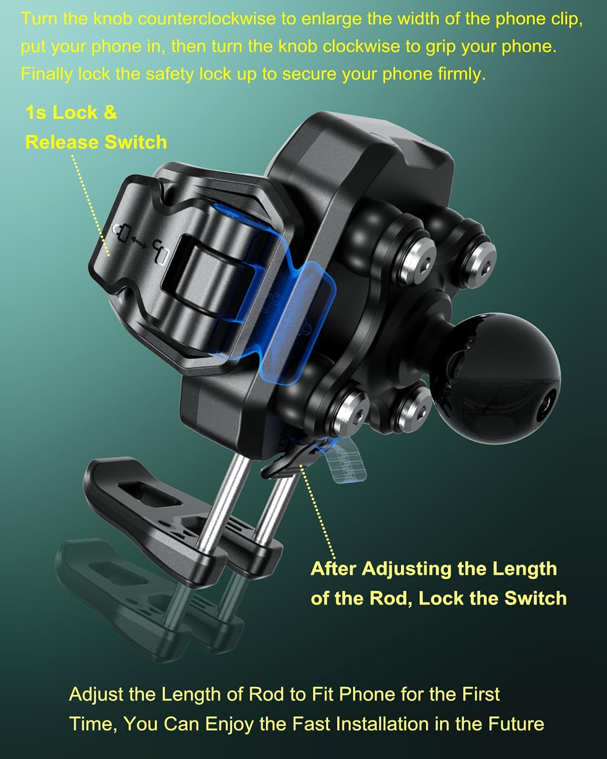 BRCOVAN Anti-Theft Phone Mount Holder with Vibration Dampener [Camera Friendly] [1s Lock & Release], with Aluminum Diamond Base & Medium Arm for Car Boat Truck Motorcycle UTV ATV Fit 5.4-7.2'' Phone