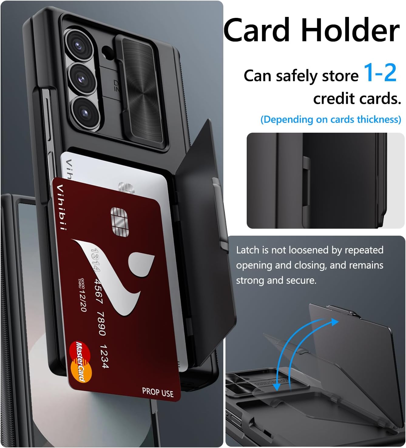 Vihibii for Samsung Galaxy Z Fold 6 Case with Card Holder & Slide Camera Cover & Screen Protector & Hinge Protection, Heavy Duty Rugged Wallet Phone Case for Samsung Galaxy Z Fold 6 2024, Black